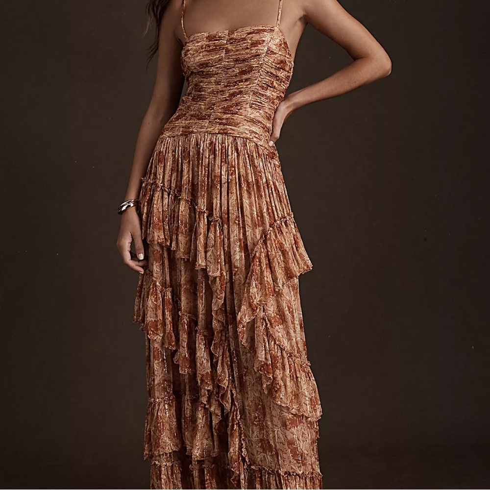 BHLDN Ruffled Drop-Waist Gown. Color: Gold. US Size 4
